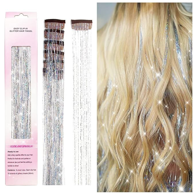 Clip in Hair Tinsel Kit, POROLIR 6Pcs Glitter Fairy Tinsel Hair Extensions 20 Inch Shiny Hair Tin... | Amazon (US)