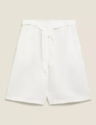 Linen High Waisted Pleat Front Long Shorts | Marks & Spencer IE