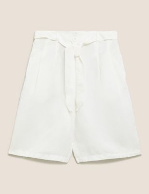 Linen High Waisted Pleat Front Long Shorts | Marks & Spencer IE