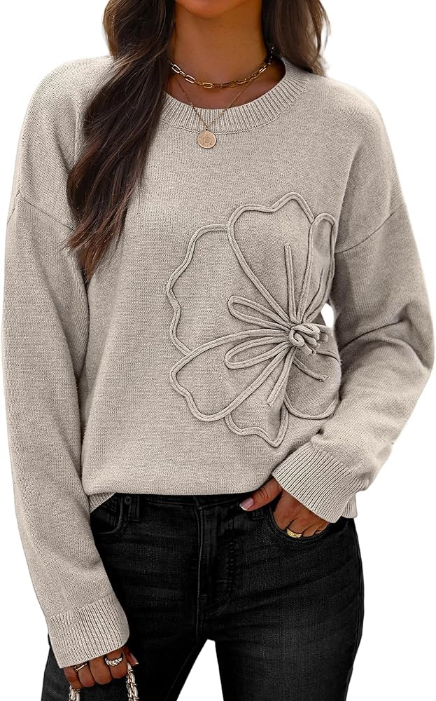 IWD 3D Floral Sweaters for Women Crew Neck Long Sleeve Pullover Sweater 2025 Fall Winter Cozy Kni... | Amazon (US)