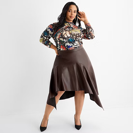 new!Ashley Graham Womens Plus Midi Faux Leather Asymmetrical Skirt | JCPenney