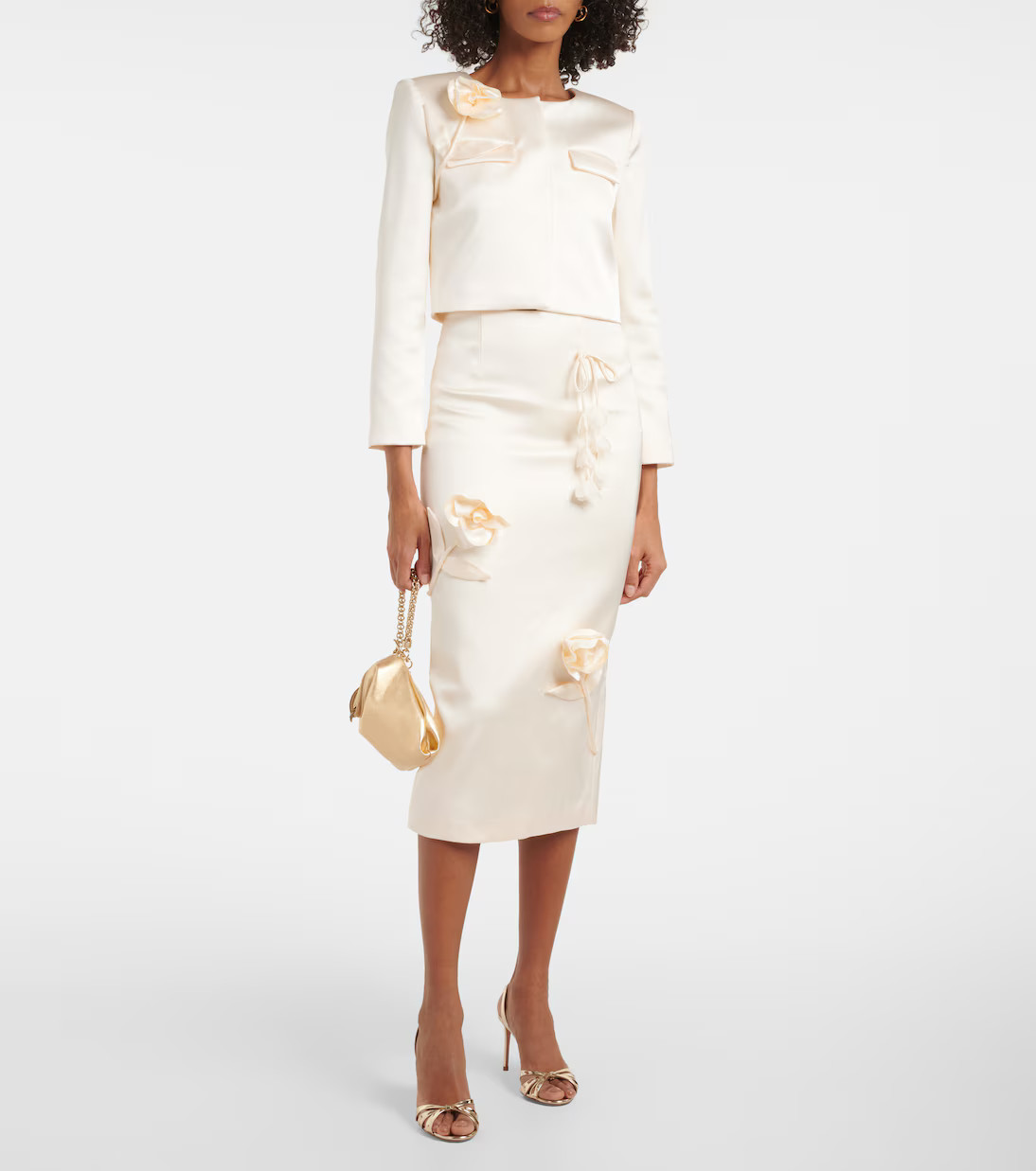 Floral-appliqué satin midi skirt | Mytheresa (UK)