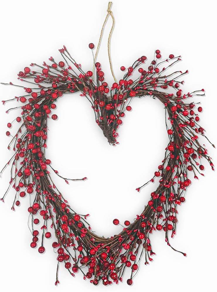 15" Valentines Wreath for Front Door Heart Wreath, Grapevine Red Berry for Indoor Outdoor Decorat... | Amazon (US)
