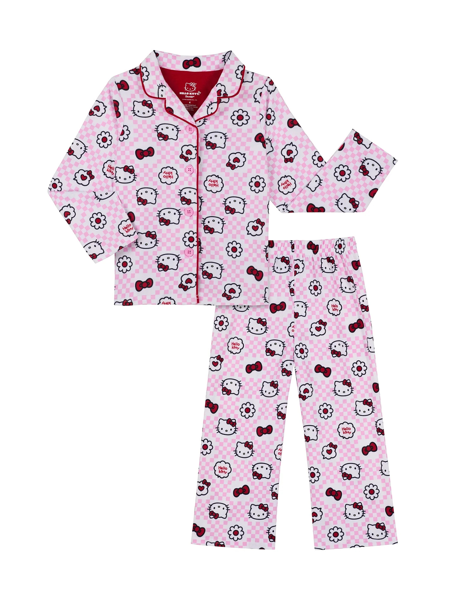 Hello Kitty Girls Valentines Long Sleeve Sleep Notch Collar Top and Pants Pajama Set, 2-Piece, Si... | Walmart (US)