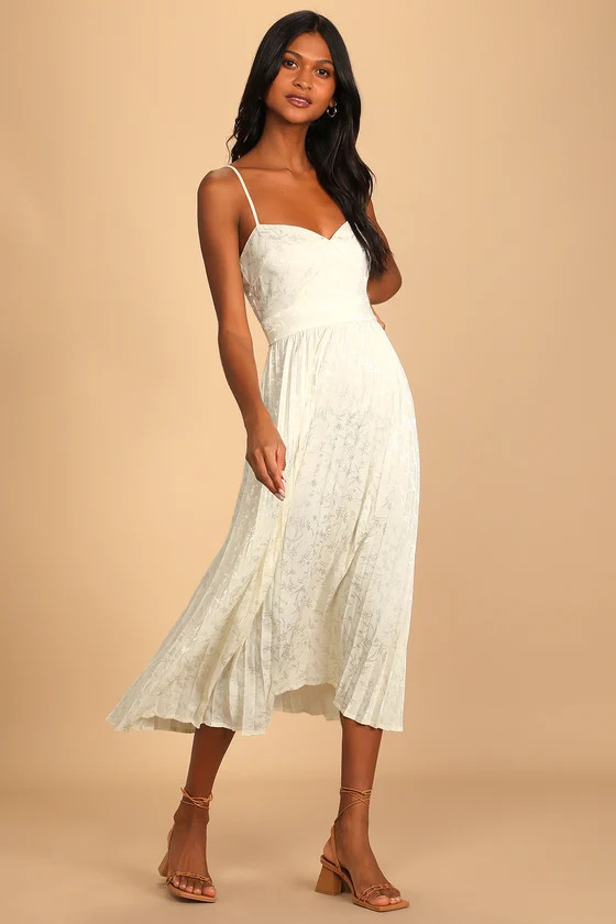 Regal Romance Ivory Floral Jacquard Pleated Satin Midi Dress | Lulus (US)