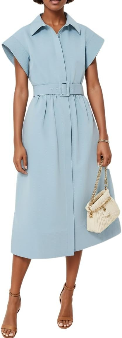 EZAPINE Womens 2025 Summer Short Sleeves Midi Dress Casual Button Down Long Dress with Belt | Amazon (US)