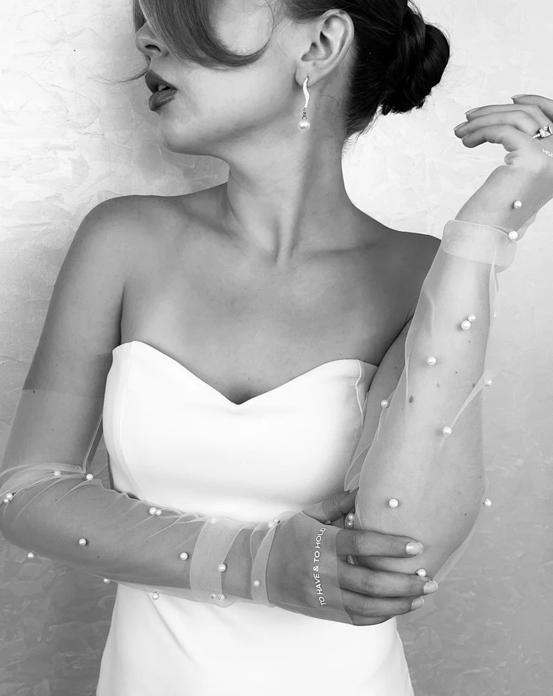 Fully Personalizable Pearls Bridal Gloves Bride Gloves for Wedding Pearls Tulle Customizable Pear... | Etsy (US)