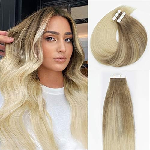 Anrosa 20 Inch Human Hair Extensions Tape in Balayage Ash Brown to Platinum Blonde Hair Extension... | Amazon (US)
