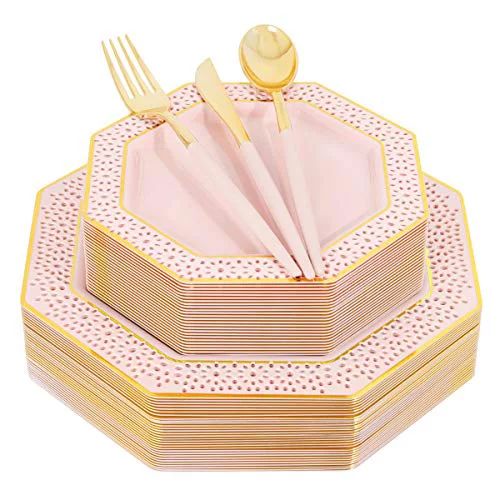 BBG 25 Guests Pink Plastic Dinnerware Set, Plastic Gold Plates & Disposable Silverware with Pink ... | Walmart (US)