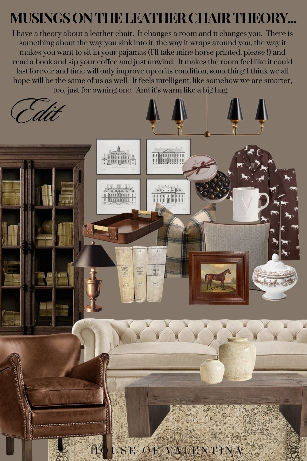 I have a theory about a leather chair.  It changes a room and it changes you.  There is something about the way you sink into it, the way it wraps around you, the way it makes you want to sit in your pajamas (I’ll take mine horse printed, please !) and read a book and sip your coffee and just unwind.  It makes the room feel like it could last forever and time will only improve upon its condition, something I think we all hope will be the same of us as well.  It feels intelligent, like somehow we are smarter, too, just for owning one.  And it’s warm like a big hug.

#LTKHome #LTKSeasonal #LTKvlog