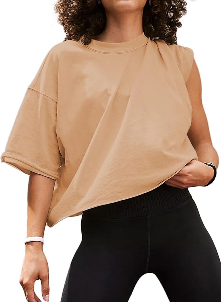 Women's Oversize Workout Crop Tops Short Sleeve Crewneck Drop Shoulder Boxy T Shirts Summer Casua... | Amazon (US)