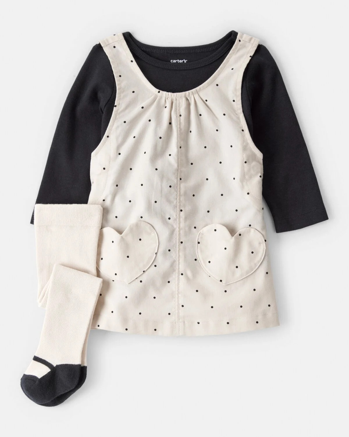 Cream - Baby Girl 3-Piece Heart Print Long-Sleeve Dress Set - Ivory/Black, Selected | Carter's Inc