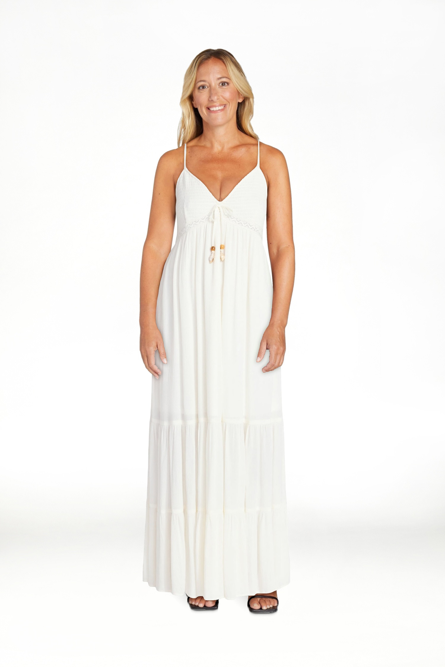 No Boundaries Crochet Lace Trim Tiered Maxi Dress, Women's XXS-XXL | Walmart (US)