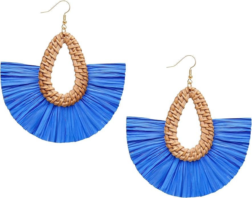 Statement Raffia Tassel Earrings Boho Summer Beach Earrings Lightweight Straw Wicker Dangle Drop ... | Amazon (US)