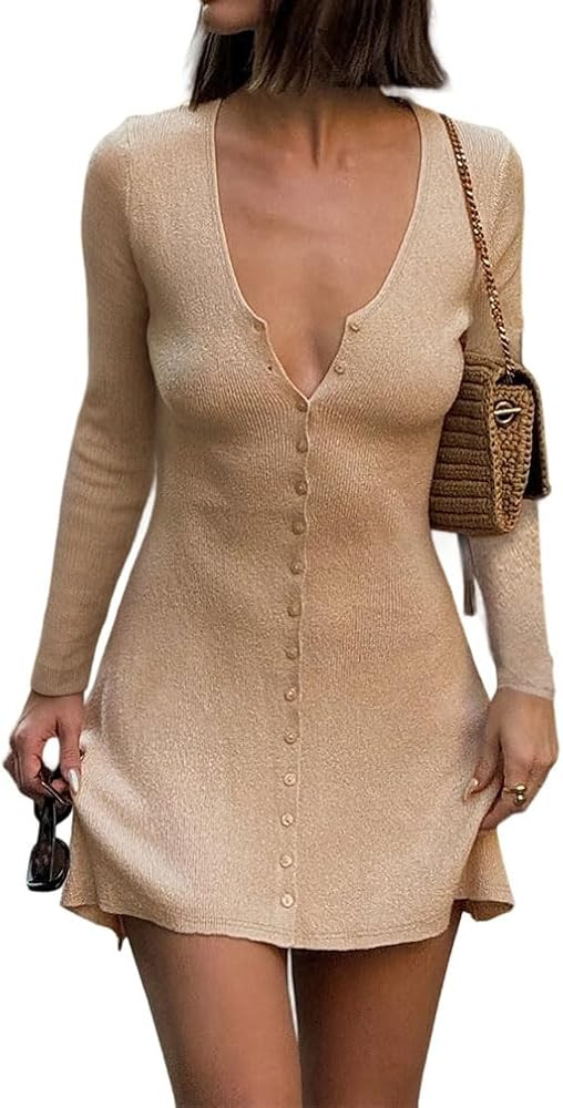 Women Sexy Deep V Neck Button Front Knit Mini Dress Elegant Long Sleeve Ribbed Flowy Hem A-Line S... | Amazon (US)