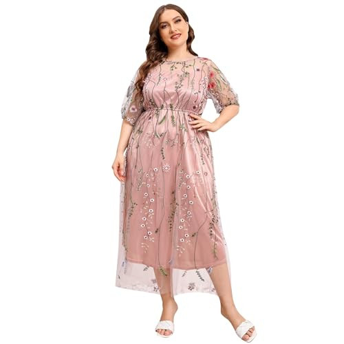 Floral Embroidered Maxi Dress for Women - Plus Size, Casual Half Sleeve, Empire Waist, Wedding Guest, Evening & Cocktail - Pink Floral, 4XL | Amazon (US)