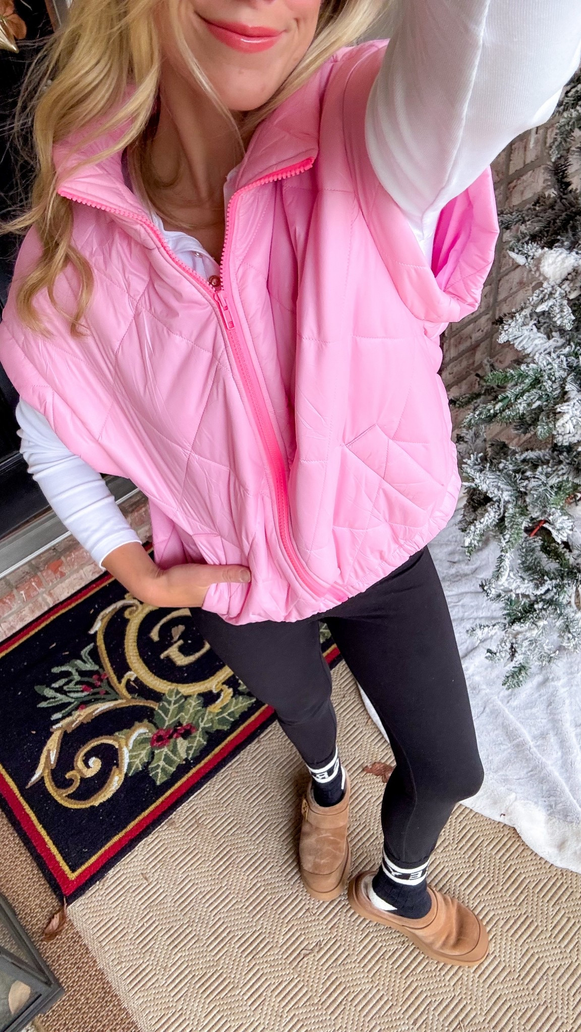 Pink puffer, vest, black leggings, white long sleeve shirt, cozy socks, slipper shoes, mules, cozy outfit, winter outfit, mom outfit, mom style, mom fashion

#LTKdayinmylife #LTKootd #LTKgrwm