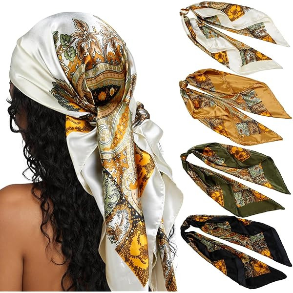 AWAYTR 35” Satin Large Square Head Scarves - 4PCS Silk Like Neck Scarf Hair Sleeping Wraps Sati... | Amazon (US)