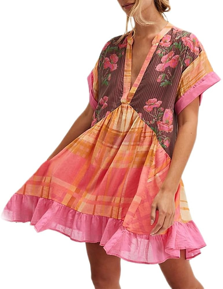 Y2k Swing Boho Mini Dresses for Women 2025 Patchwork Floral Print Sundress Deep V Summer Babydoll... | Amazon (US)
