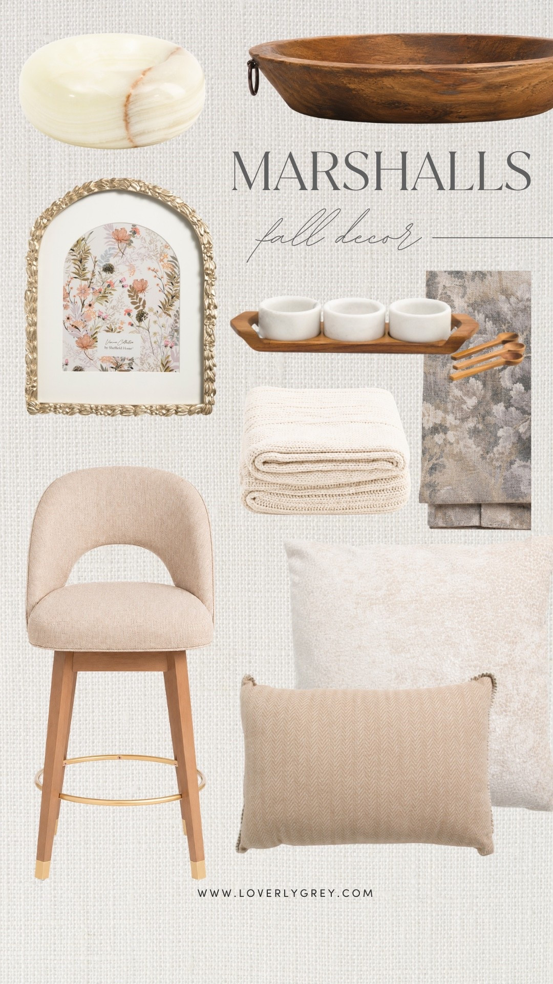 Marshalls fall home finds featuring neutral pillows and throws, wood serving pieces, vintage-inspired frames, tabletop decor and a neutral counter stool. Warm, affordable pieces for adding texture and cozy fall style throughout your home!

#LTKSeasonal #LTKHome