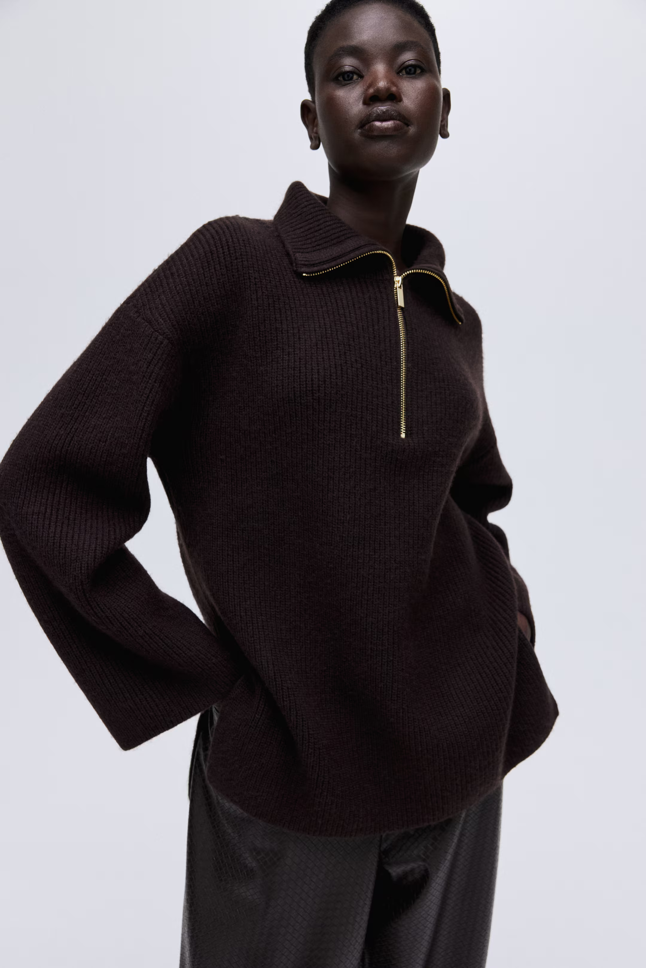 Zip-top rib-knit jumper - Dark brown - Ladies | H&M GB | H&M (UK, MY, IN, SG, PH, TW, HK)