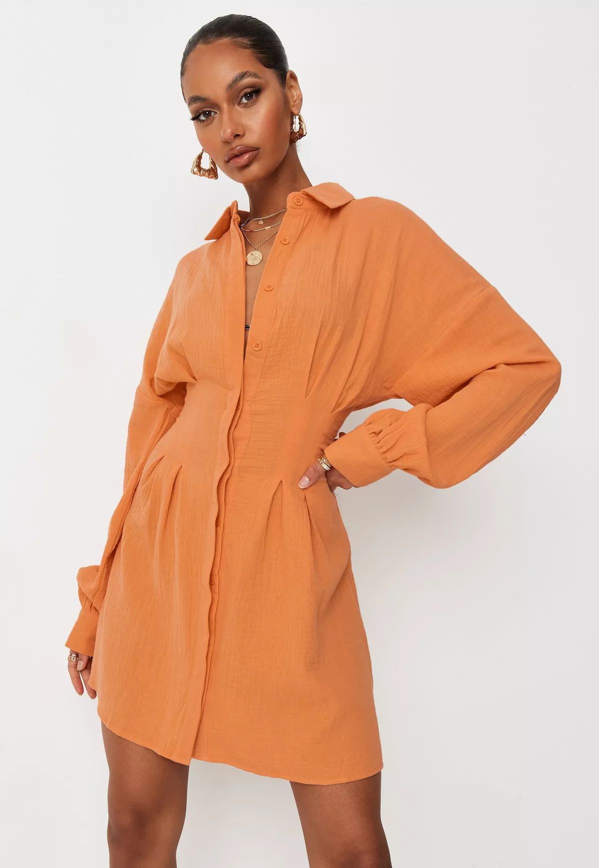 Orange Textured Pleated Waist Shirt Dress | Missguided (US & CA)