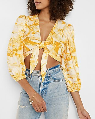 Printed Linen-Blend Tie Front Cropped Top | Express