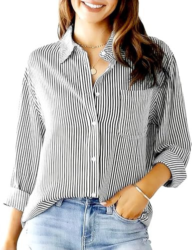 TUREAU Women's Striped Button Down Shirts Classic Long Sleeve Stylish Lapel Collared Office Work Blouses Tops with Pockets(M,Black) | Amazon (US)