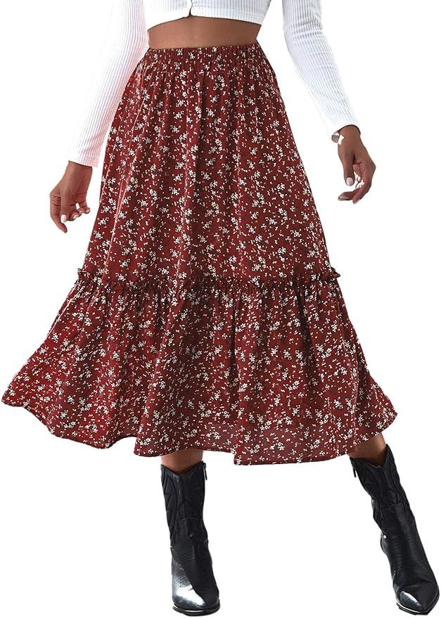 Milumia Women Ditsy Floral Print High Waist Skirt Frill A Line Flared Long Skirt | Amazon (US)