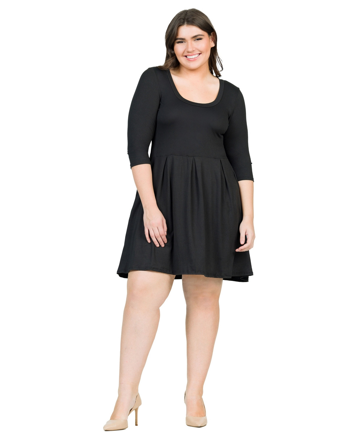 24seven Comfort Apparel Plus Size Fit and Flare Elbow Sleeves Dress - Black | Macy's
