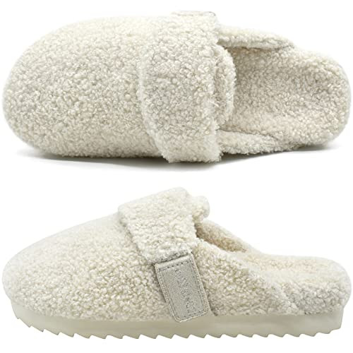 ONCAI Womens Fluff Slippers,Cute Sherpa Faux Fur Scuff Garden Slip on House Slippers with Polar Fleece Lining Memory Foam Footbed and Indoor/Outdoor Rubber Hard Soles White US Size 10 | Amazon (US)