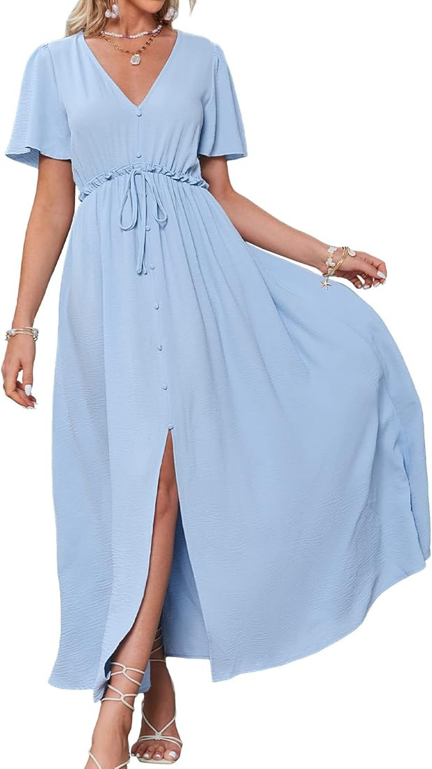 BerryGo Women's Casual Short Sleeve V Neck Flowy Maxi Dress Tie Waist Solid Boho Flutter Long Coc... | Amazon (US)
