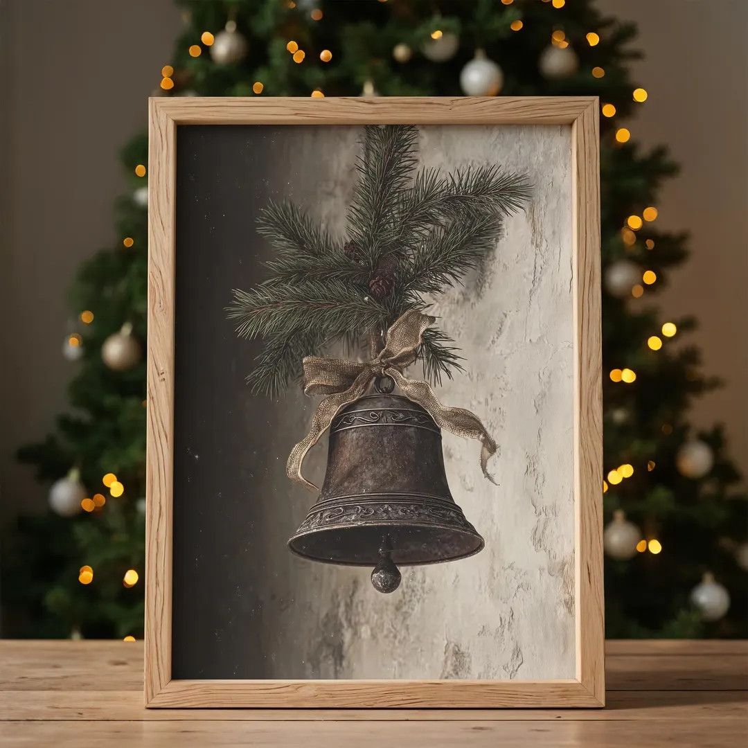 Rustic Christmas Bell Print | Vintage Holiday Wall Art | Neutral Winter Decor | Antique Christmas... | Etsy (US)