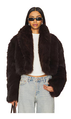 AFRM Stephanie Barrel Crop Faux Fur Jacket in Java from Revolve.com | Revolve Clothing (Global)