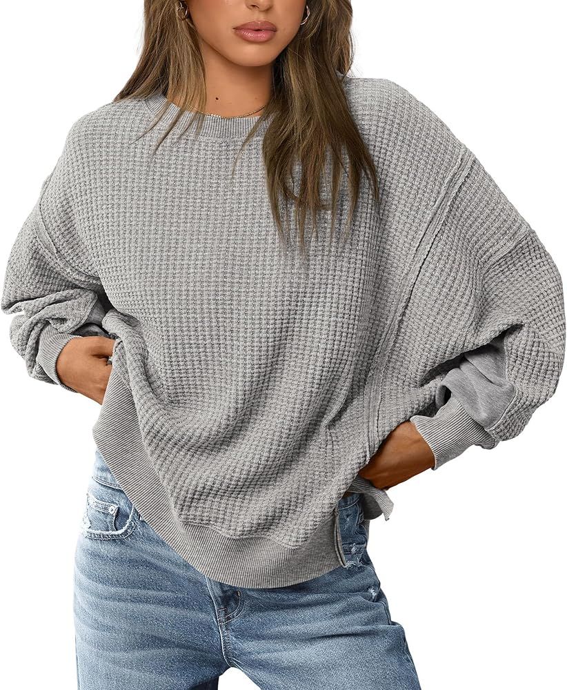 PRETTYGARDEN Women's Oversized Crewneck Sweatshirts Casual Long Sleeve Side Split Pullover Waffle... | Amazon (US)