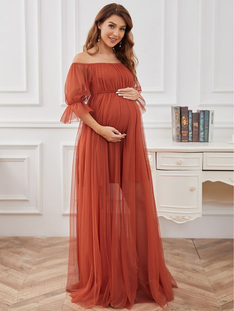 EVER-PRETTY Maternity Off Shoulder Flounce Sleeve Mesh Dress | SHEIN