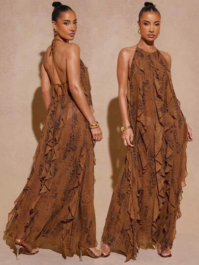 Hauture Women Clothes, Women's Elegant Brown Leoprard Print Maxi Dress, Halter Neck Sleeveless Wi... | SHEIN
