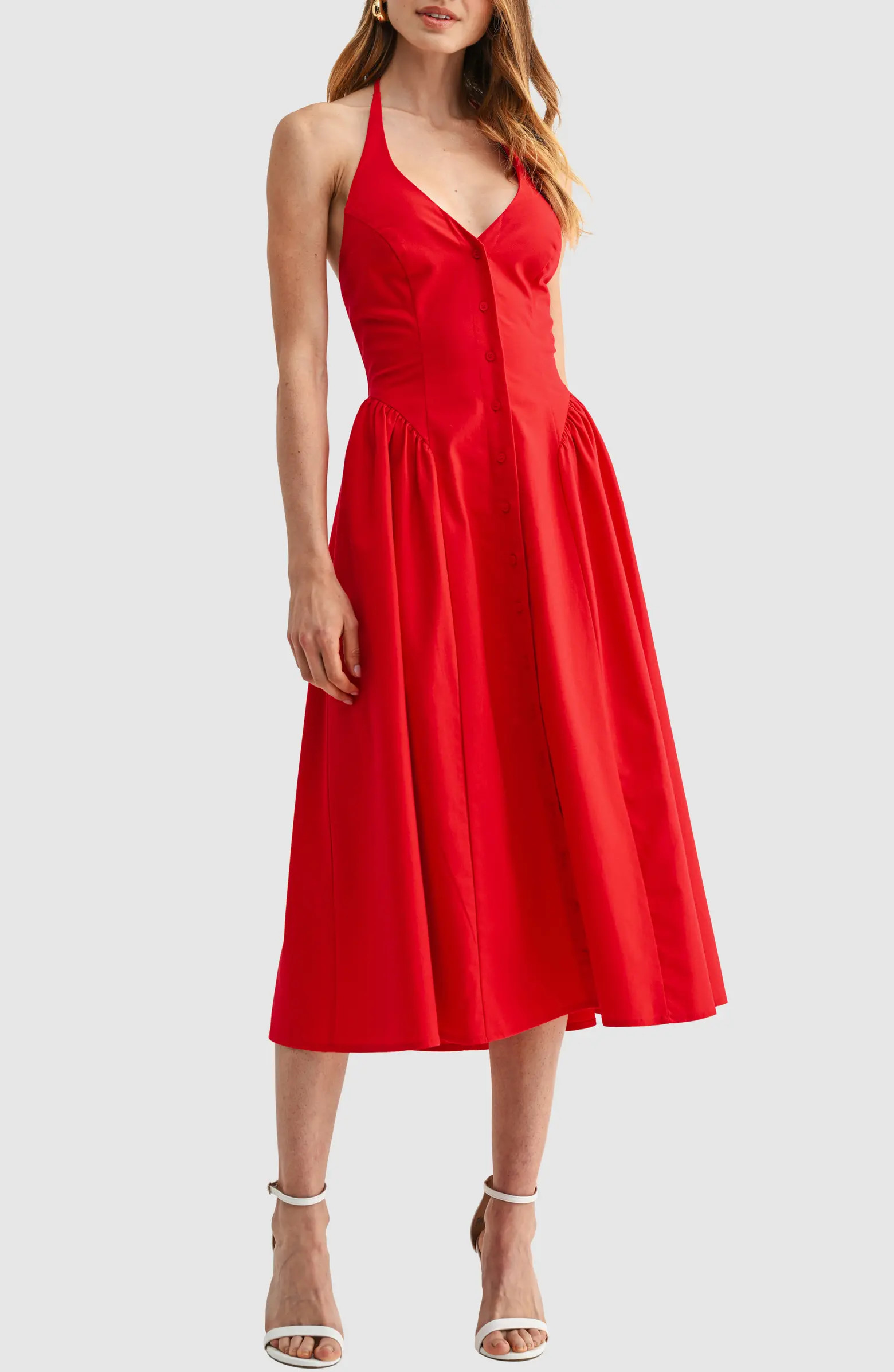 Halter Button Front Midi Dress | Nordstrom