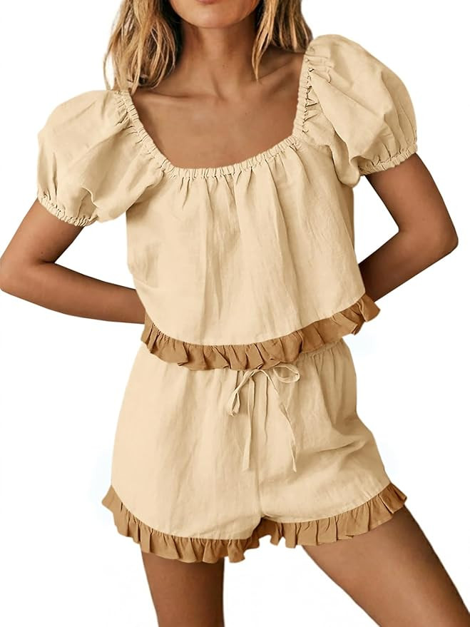 Tankaneo Womens 2 Piece Short Sets Summer Puff Sleeve Square Neck Babydoll Tops Cute Lounge Set C... | Amazon (US)