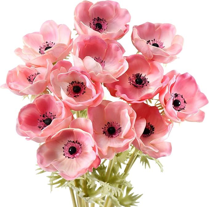 FiveSeasonStuff ‘Real Touch’ Peaceful Pink Anemone Artificial Flowers & Wedding Bouquet (12 L... | Amazon (US)