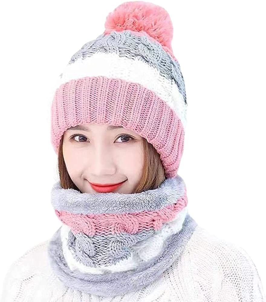 Womens Winter Beanies Scarf Set Colorblock Hand Knitted Hat with Pom | Amazon (US)
