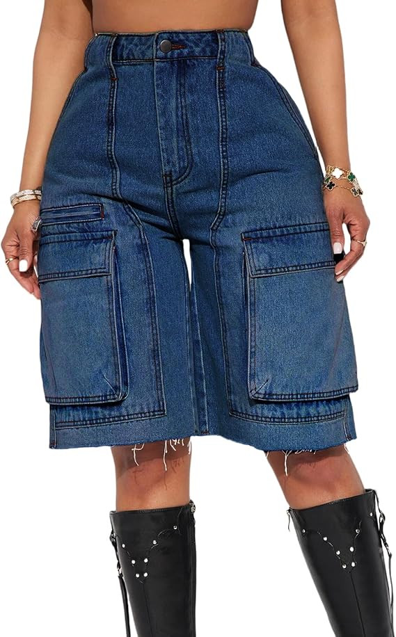 Women's High Waist Denim Shorts Straight Leg Raw Hem Jean Shorts Summer Hot Pants with Pockets | Amazon (US)