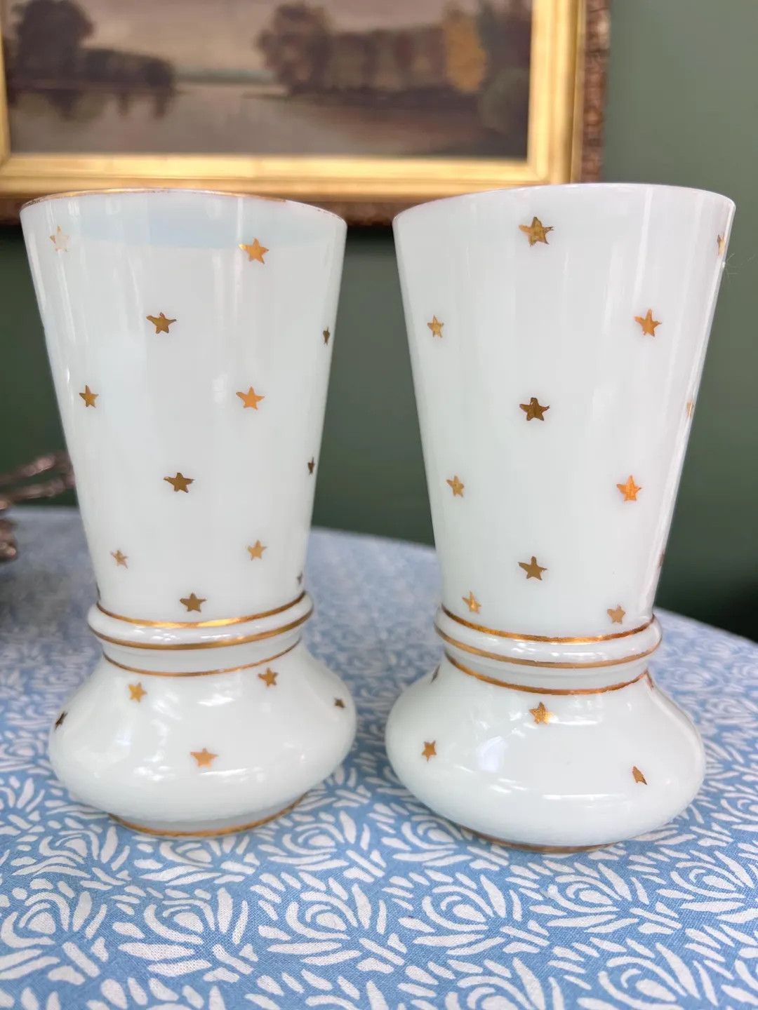 Pair of PV White Opaline Glass Vases With Gilt Stars // Rare Gold Stars // Portieux Vallerysthal ... | Etsy (US)