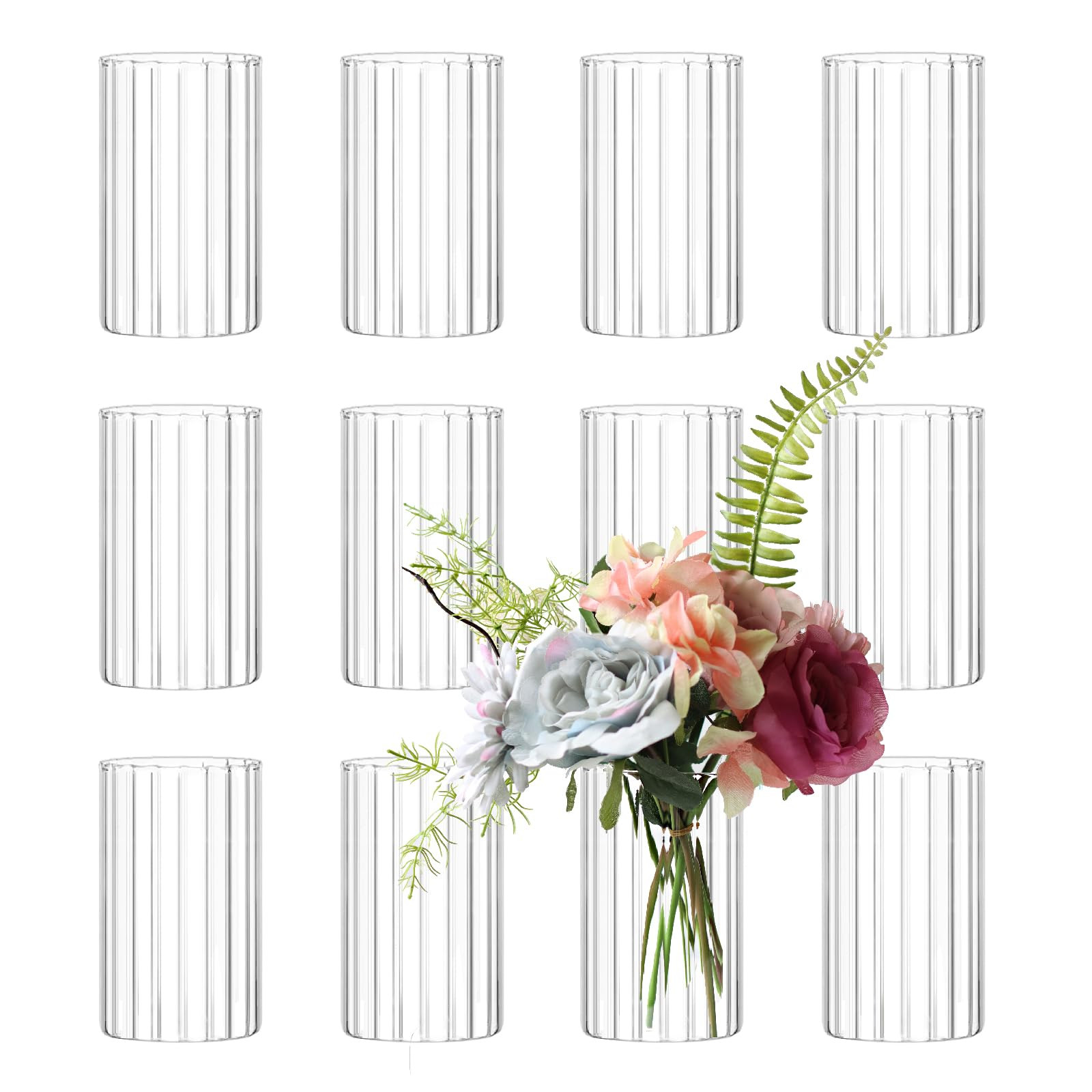 12Pcs Glass Cylinder vases for Centerpieces, 6 Inches Clear Ribbed Bud Vases for Wedding Decorati... | Amazon (US)