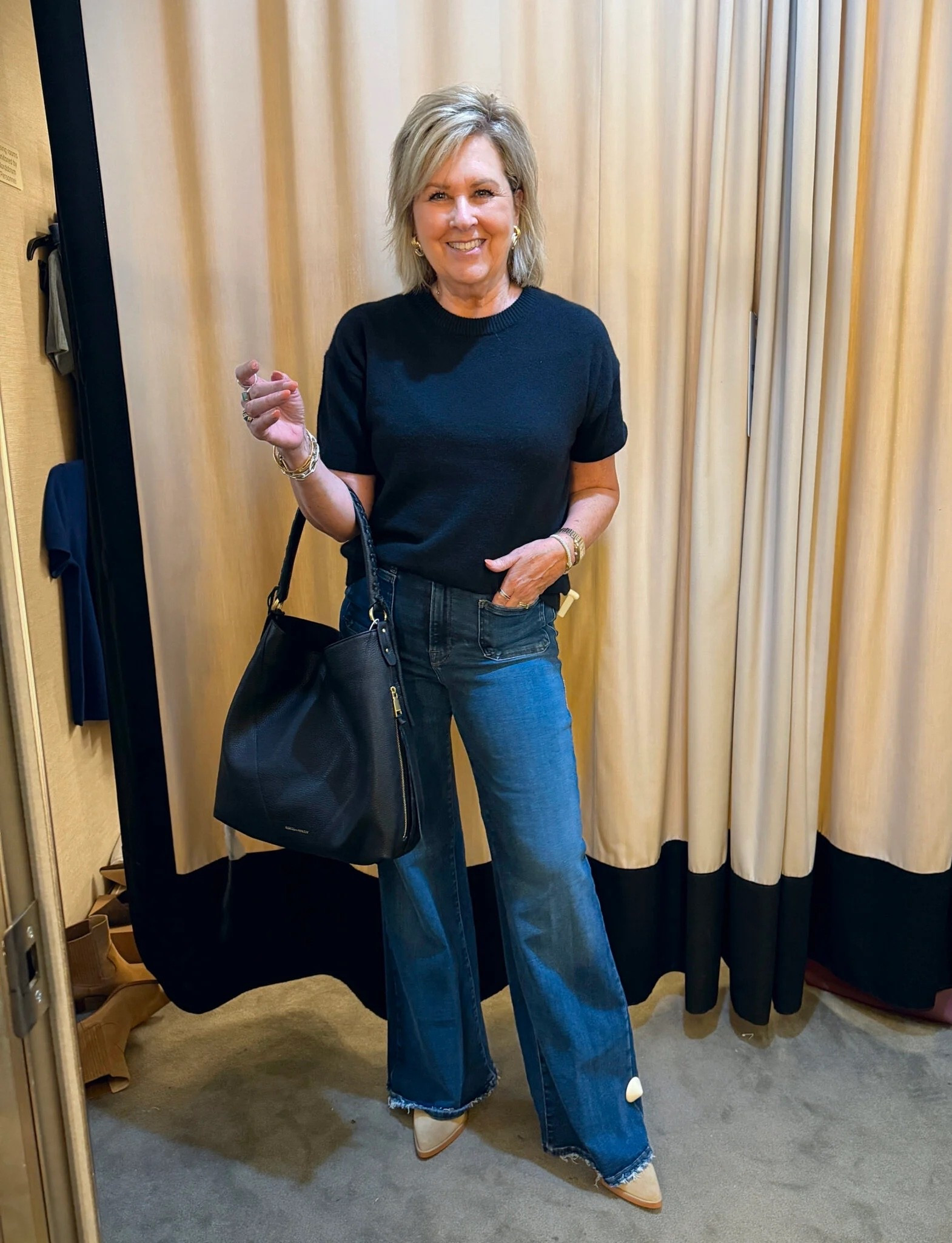 Short sleeve cashmere sweater size medium | palazzo jeans size 8 | hobo bag | Fall fashion | Nsale finds 

#LTKOver40 #LTKMidsize #LTKSaleAlert