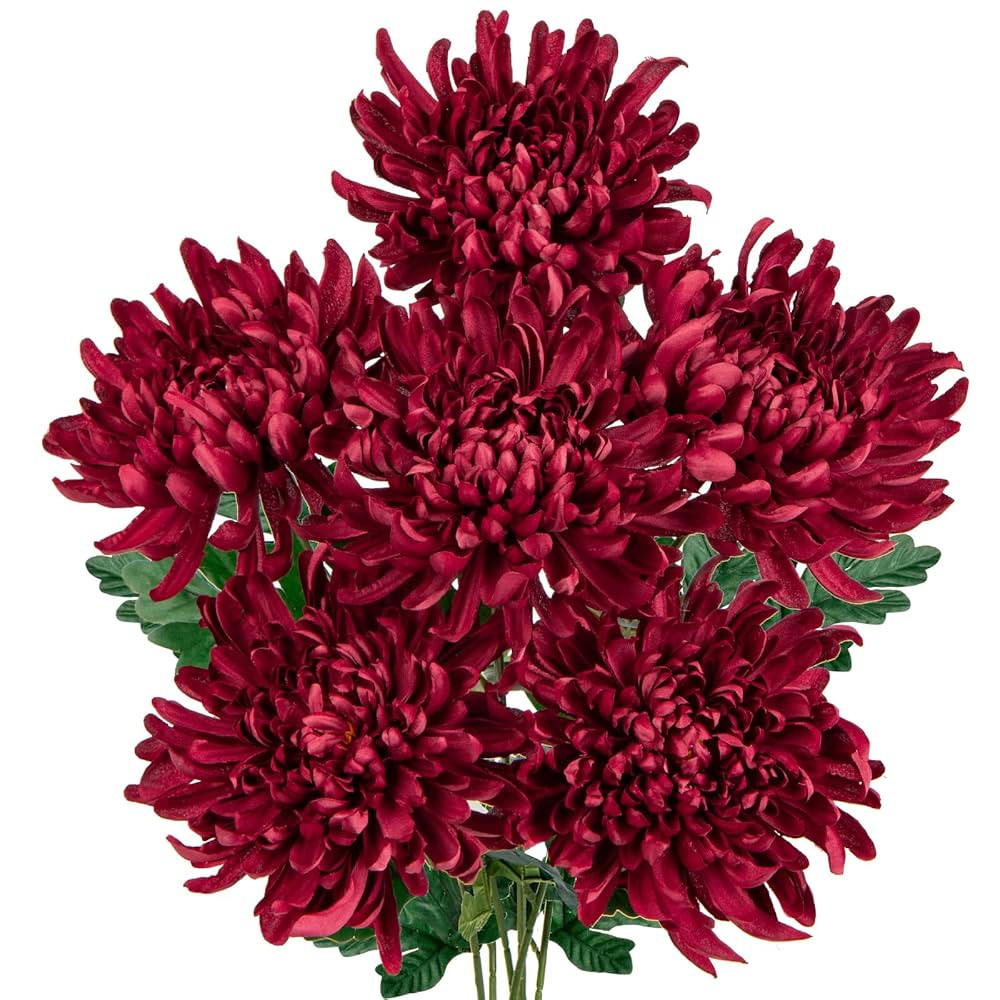 Briful 6 Pcs Burgundy Artificial Mums for Outdoors Fall – 25.6’’ Long Stem Faux Chrysanthem... | Amazon (US)