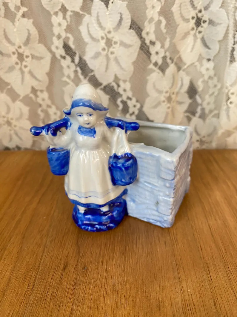 Vintage Blue and White Dutch Girl Small Ceramic Planter | Etsy (Global)
