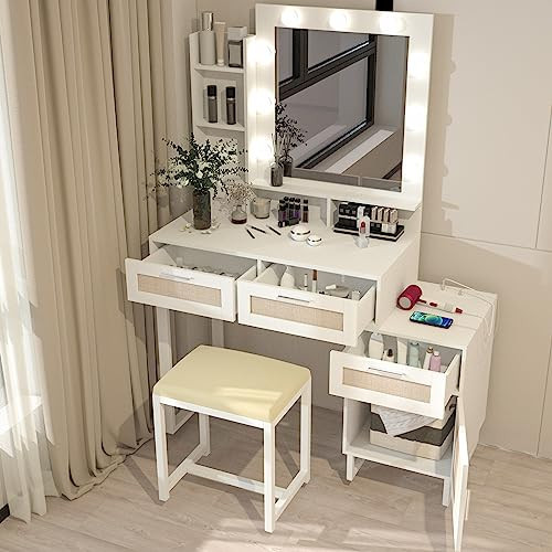 ARTETHYS Makeup Vanity Desk with Mirror and Lights Boho Vanity Table Set with Charging Station White and Rattan Vanity Desk with Drawers and Stool for Bedroom | Amazon (US)