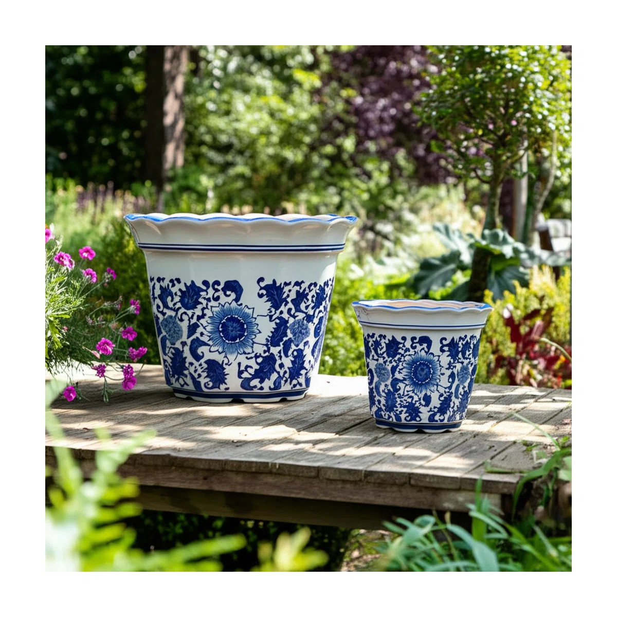 Bethony Stoneware Ceramic Planters with Scalloped Edge and Floral Relief Detail, Decorative Handc... | Wayfair North America
