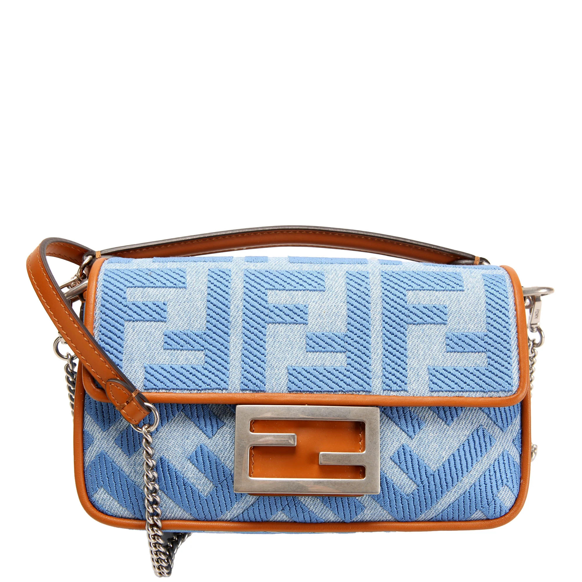 8BS017 FF Denim Mini Baguette Blue | Keeks Designer Handbags